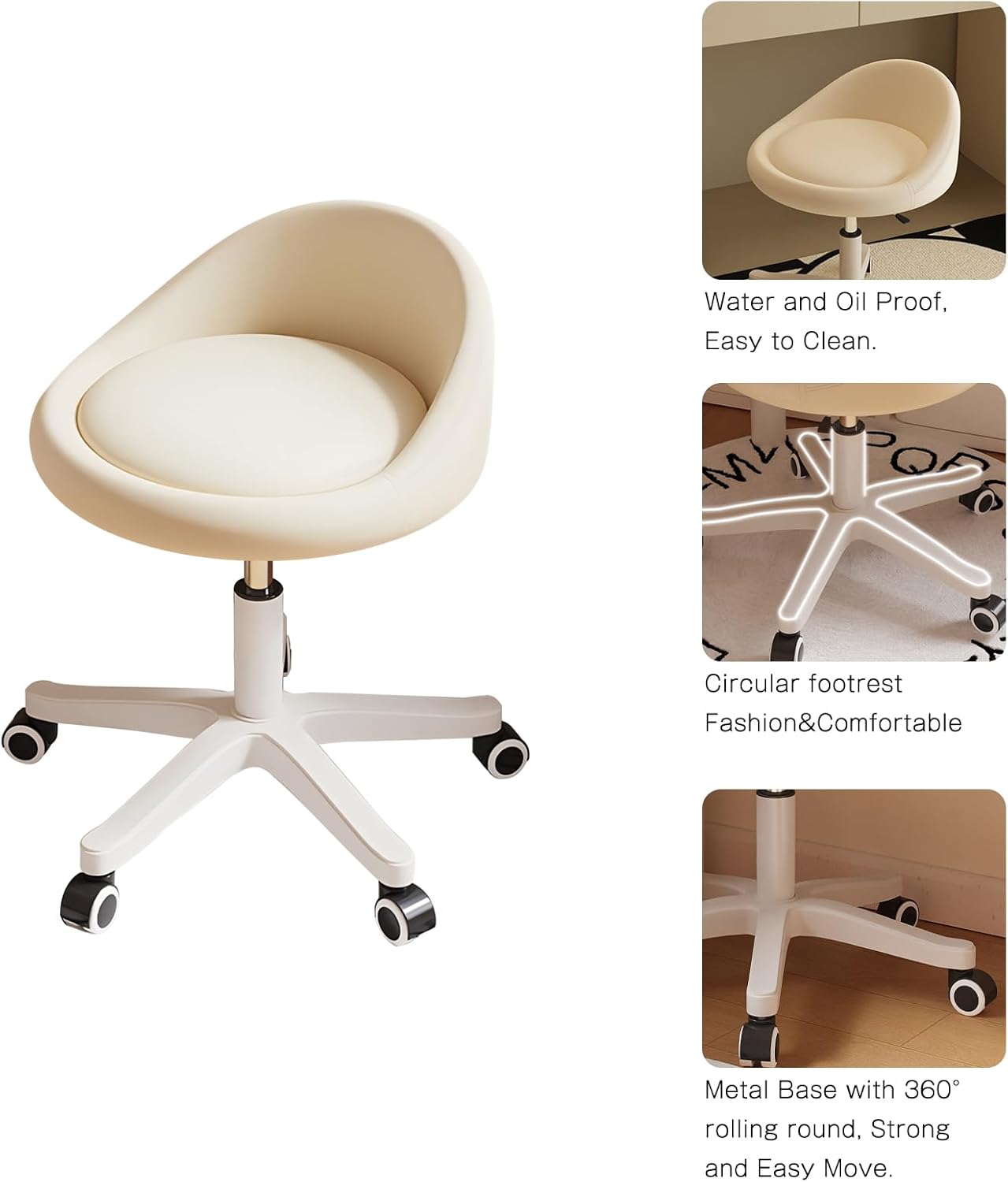 Rolling Stool Set of 4 Rolling Hydraulic Salon Stool with Low Backrest - Adjustable Swivel Chair for SPA, Shop, Salon, Massage, or Medical Office Beige