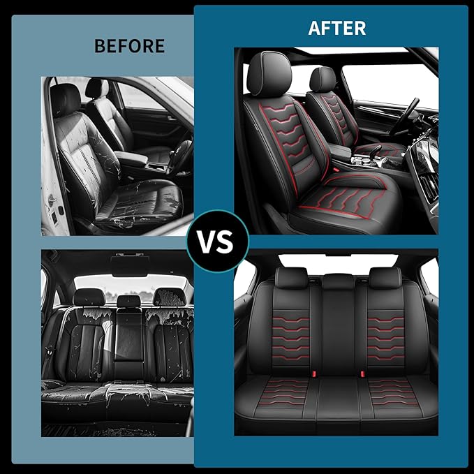 Fit Rogue Car Seat Covers Compatible with Nissan Rogue 2011-2025 2026 - Full Set Premium Leather， Waterproof Breathable， All-Weather Seat Cushion Protecto&Airbag Compatible（Red Line Black