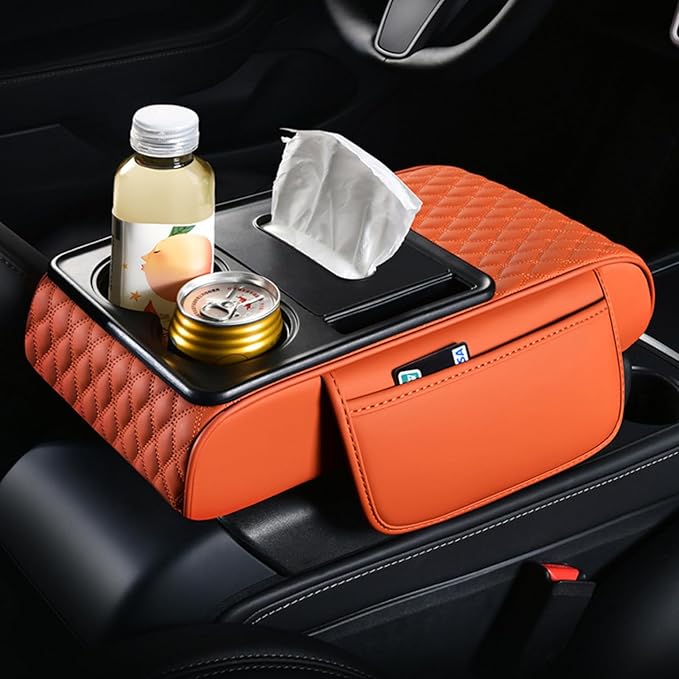 Car Center Console Armrest Pad, Arm Rest Box Cushion with Ergonomic Height Boost, Storage Pockets, Built-in Tissue Box, Cupholder, Fit for Most Sedan Vehicles (Embroidery Water Ripple, Beige)