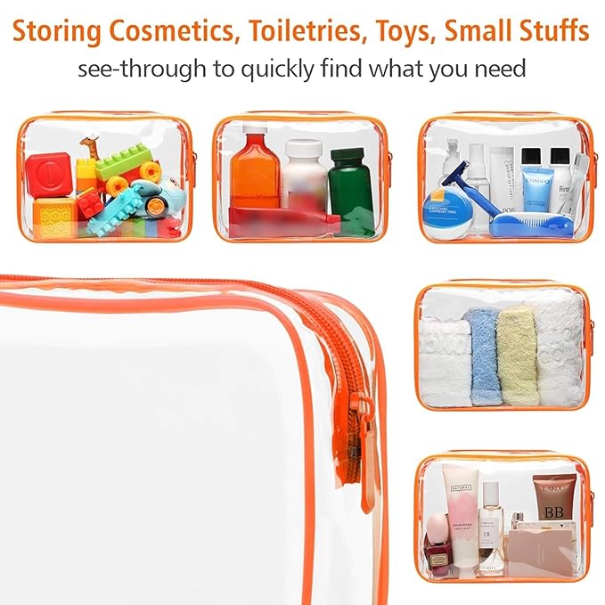 PACKISM Clear Toiletry Bag - 3 Pack TSA Approved Toiletry Bag Quart Size Bag, Travel Makeup Cosmetic Bag for Women Men, Carry on Airport Airline Compliant Bag, Black, White, Orange