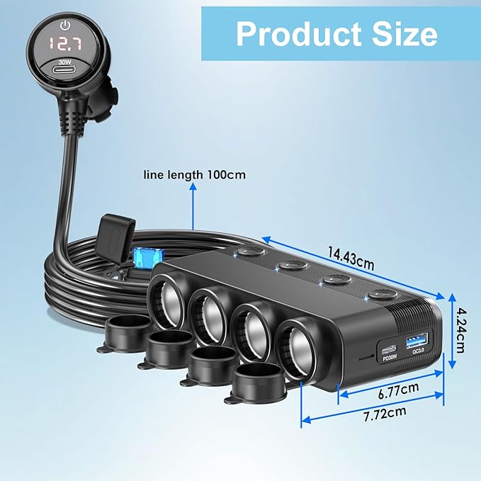 Qidoe Cigarette Lighter Splitter,300W 4-Socket Car Charger Adapter with Dual PD30W Type C & QC18W USB，12V/24V Car Splitter Adapter with Independent Switches & LED Voltage Display for All Car Devices
