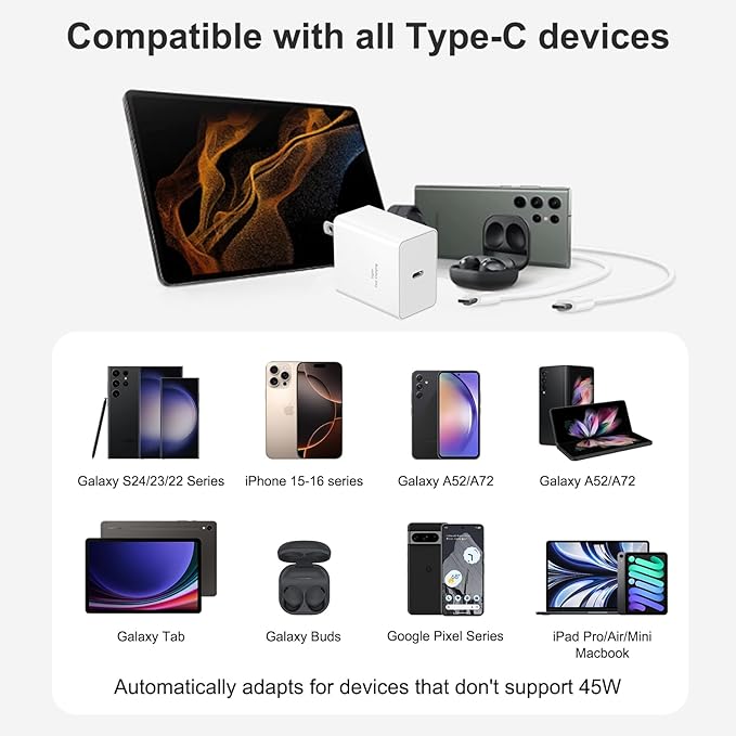 45W Type C Charger, 10FT USB C Charger 2-Pack iPhone 15 16 Charger with iPhone 16/16 Plus/16 Pro/16 Pro Max/iPhone 15/15 Pro Max/iPad Pro/AirPods/Galaxy S25 S24 S23 S22 S21,Android Charger(White)