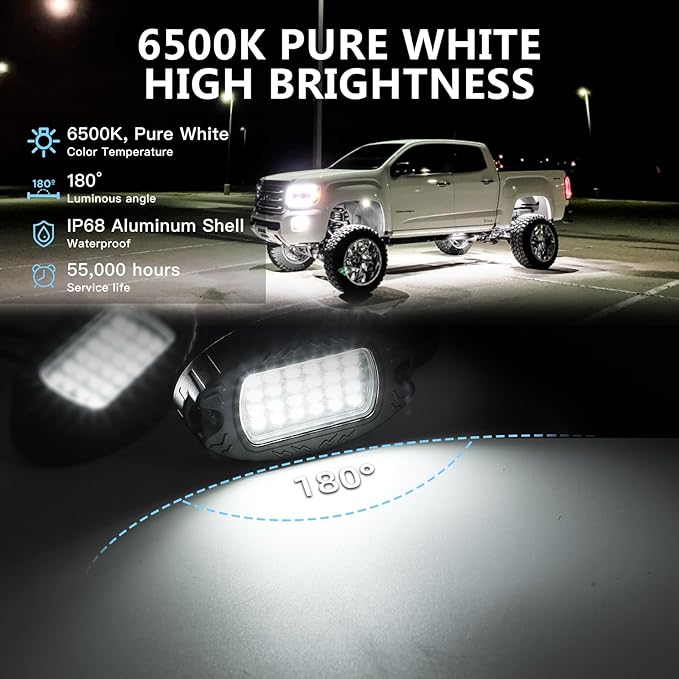 10 Pods Pure White LED Rock Lights, IP68 Waterproof Aluminum 6500K Bright White Underglow Light with Extension Cord Harness,12V Metal Fender Lights for Trucks Jeeps Off Road UTV ATV Car Golf RV Etc