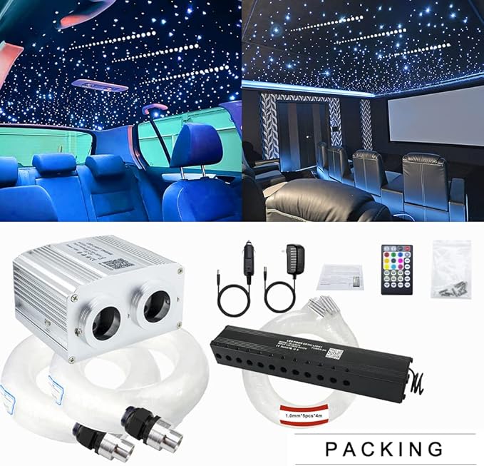 AZIMOM Dual Port 16W Twinkle Bluetooth Fiber Optic Starlight Kit Mixed860pcs 13.1ft Strands +Meteor Shooting Star Sound Activated RGBW APP/Remote for Car Home Starlight Headliner Decor