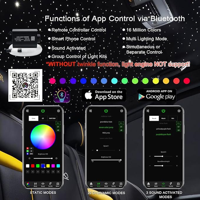 AKEPO 16W Fiber Optic Starlights Headliner Lights Star Light Kit, Fibre Optical Strands150pcs 0.75mm 6.5ft/2m APP Control+28key Remote Control for Car & Home