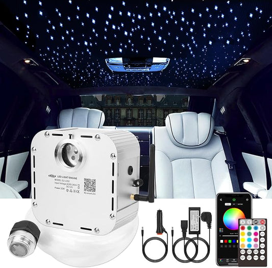 CHINLY Starlight 32w Twinkle 710pcs 13.1ft (0.03in+0.04in+0.06in+0.08in) Bluetooth RGBW LED Fiber Optic Star Ceiling Light,APP/Remote +Adapter+Cigarette Lighter+10 Crystals,for Headliner/Ceiling