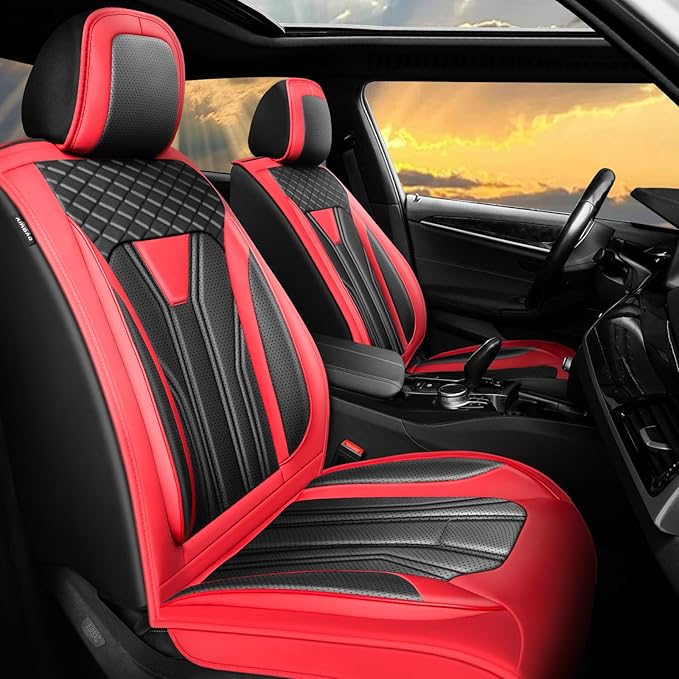 Fit Kicks Car Seat Covers Premium Leather Compatible with Nissan Kicks 2018 2019-2026 (5 Seats Full Set Waterproof Breathable All-Weather Seat Cushion Protector（5 Seats Red & Black)
