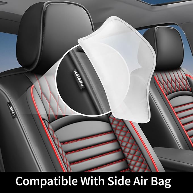 Fit Santa Fe Car Seat Covers for Hyundai Santa Fe 2007-2025 2026 - Upgraded Premium Waterproof & Breathable Leather,Airbag Compatible, All-Weather Seat Cushion Protector(Full Set,Black+Red)
