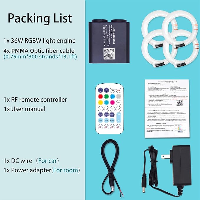 36W 4-Head 4 Color RGBW Twinkle Fiber Optic Lights, Starlight Headliner Kit with Total 1200pcs*0.75mm/0.03in 13.1ft Optical Fiber Cables+Remote and APP Control for Car and Home Interior Decoration