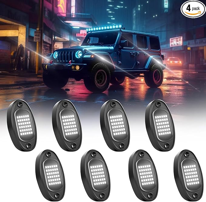 GSRECY Rock Lights Ultra Bright LED Neon Underglow Lights Waterproof for Trucks Pickup SUV UTV ATV RZR Car Boats Motorcycle (White, 8 Pods)