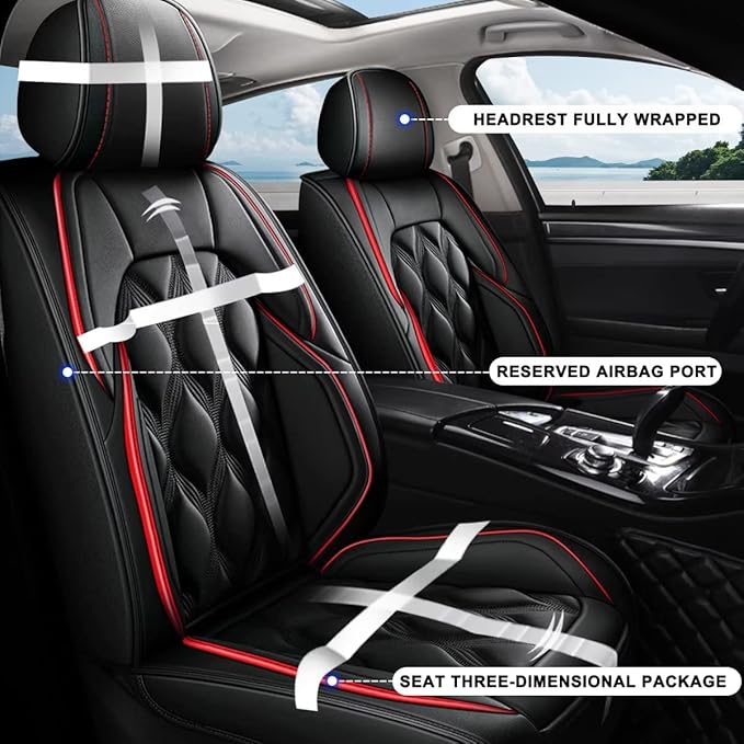 AOMSAZTO Front Seat Covers Fit for Honda Accord 2003-2017 Waterproof Faux Leather Car Seat Cover Compatible with Airbag(2PCS Front, Black&Redline)