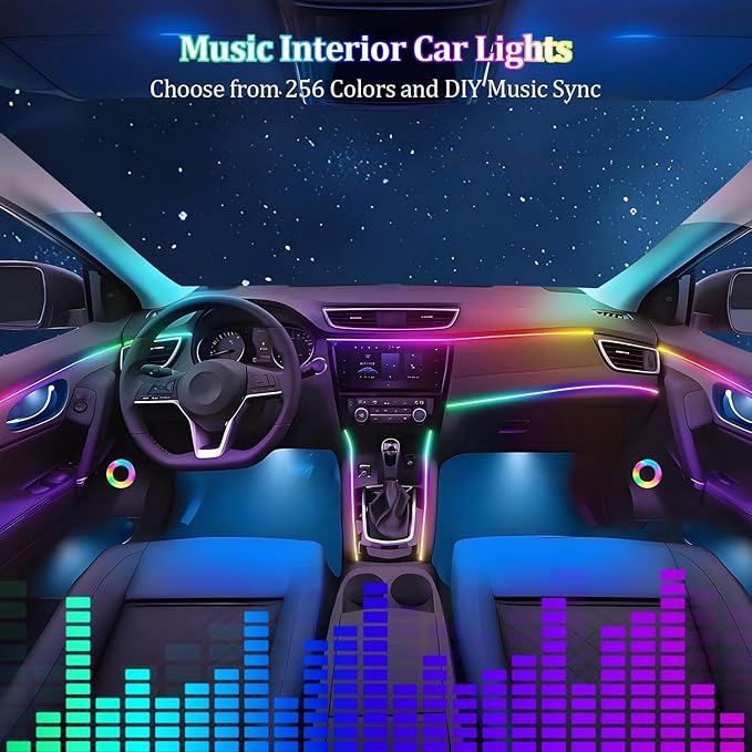 Ambient Lighting Car Led Lights Interior,43.3in USB RGB Dreamcolor Acrylic Neon Flexible Strip Fiber Optic LED Ambient Lighting Kits with Remote APP, RGB Music Lights Sync for Inside car Decorations