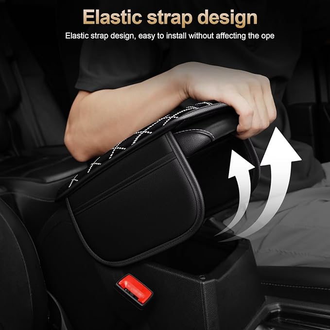 Bling Center Console Cover with 2 Side Pockets Fit for Corolla Cross Multi-Functional Car Armrest Cushion Diamond-Studded Rhombus Pattern Style(Black&Silver Diamond)