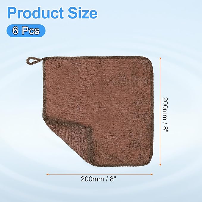 HARFINGTON 6 Pack Microfiber Cleaning Cloth, 8" x 8" Multi-Functional Cleaning Towels Reusable Absorbent Rags with Hook for Car Wash Kitchen Household Window Clean, Brown