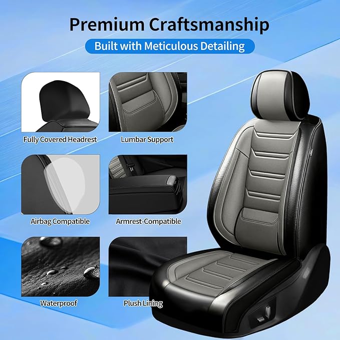 Fit Tahoe Car Seat Covers for Select Chevrolet/Chevy Tahoe 2000-2025 2026 - Full Coverage Leather, Waterproof & All Weather Seat Cushion Protector, Front Pair Black+Gray