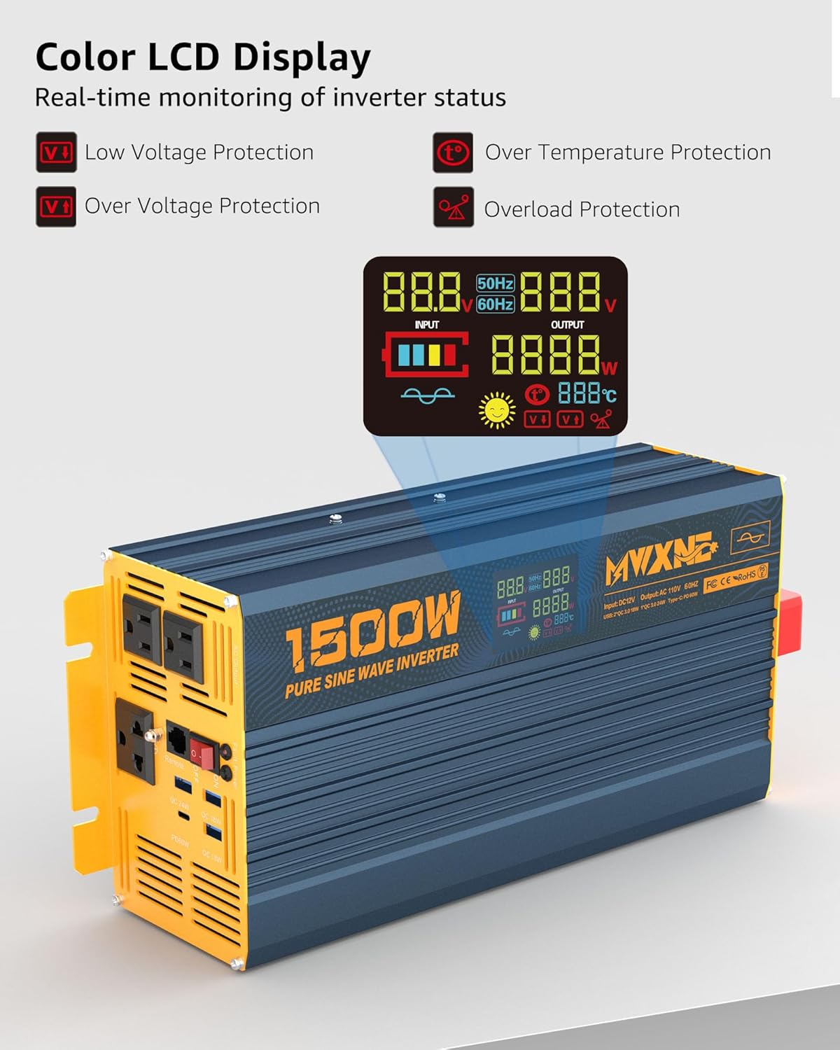 1500W/3000W(Peak) Power Inverter Pure Sine Wave DC 12V to 110V 120V AC Converter 3 AC Outlets Car Inverters with 4 USB Fast Charging Ports, LCD Display and Remote Controller for Truck RV