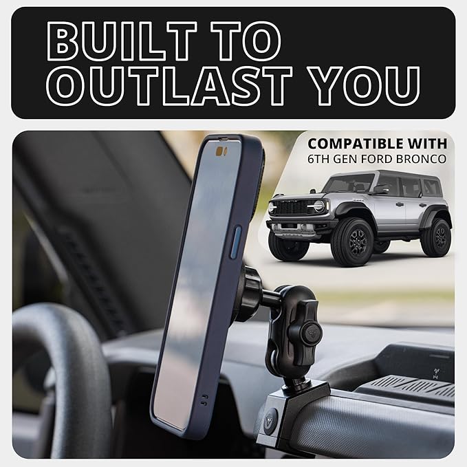Tackform Link Phone Mount with Top Dash Clip - Compatible with 2021-2025 Ford Bronco | Aluminum | Zero Slip, Anti-Scratch | Universal Magnetic Phone Holder | 2" Arm | Black | (NOT MAGSAFE Compatible)