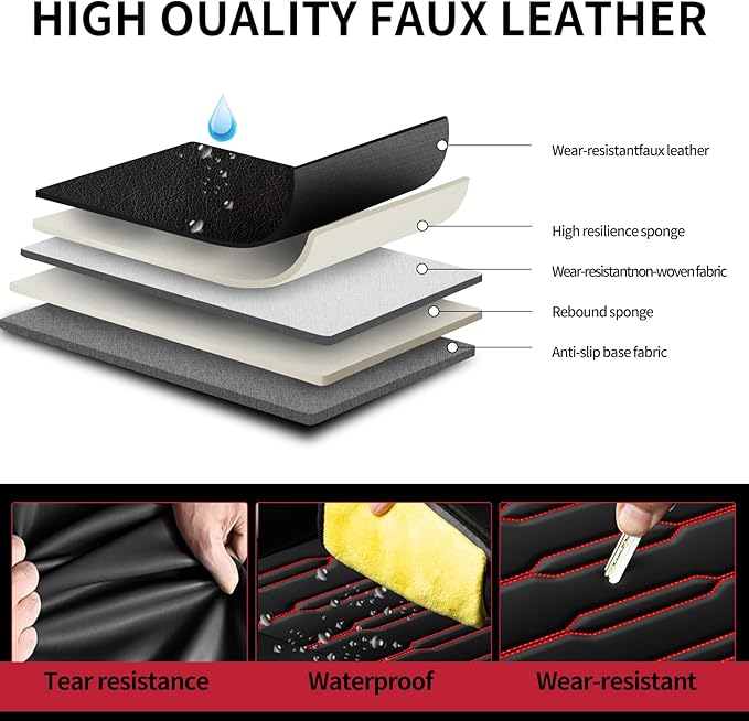Fit 4Runner Car Seat Covers (5 Seats) for Select Toyota 4Runner 2003-2024 2025 2026 - Full Coverage Leather,Airbag Compatible,Waterproof & All Weather Seat Cushion Protector,Full Set,Black+Red