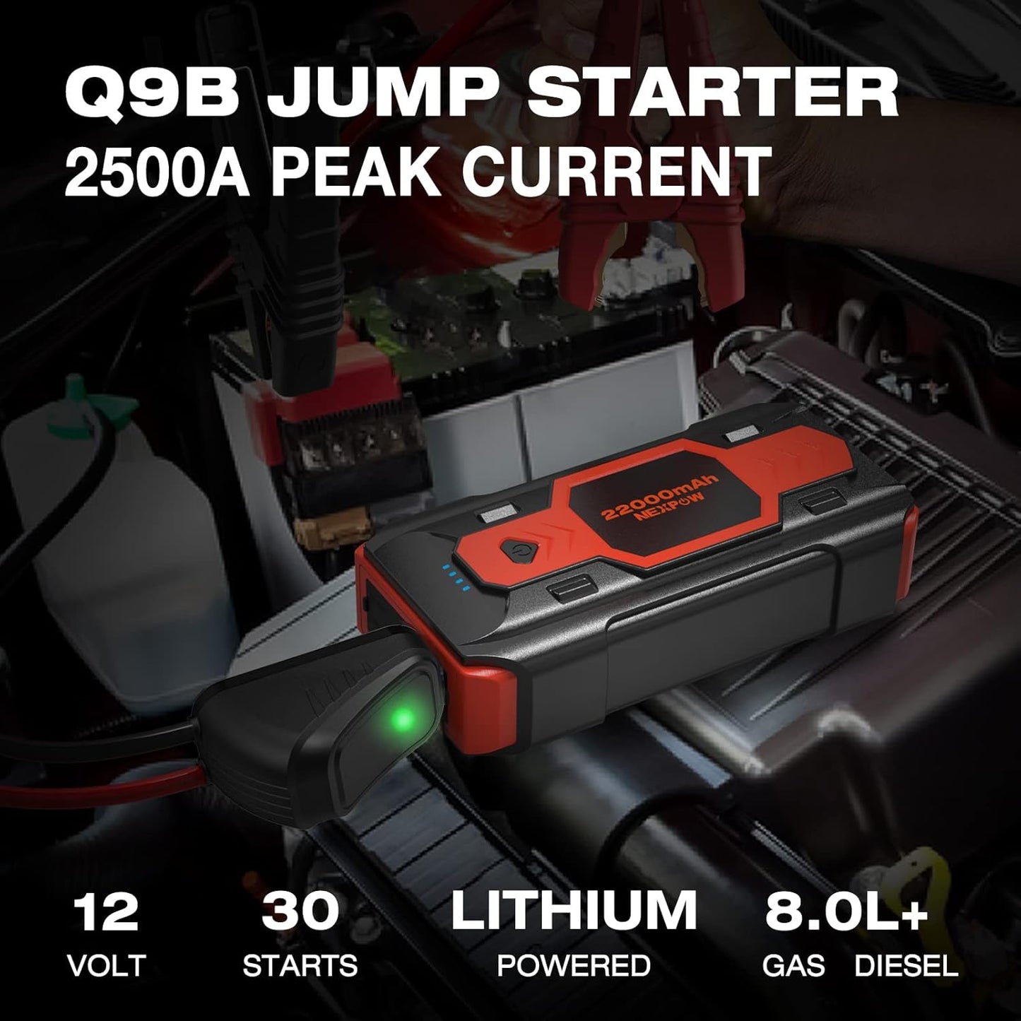NEXPOW 2500A Peak Car Battery Jump Starter (Up to 8.0L Gas/8L Diesel Engines), 12V Auto Car Battery Booster Pack, Portable Jump Box with USB Quick Charge 3.0 and LED Light Red Blue Warning