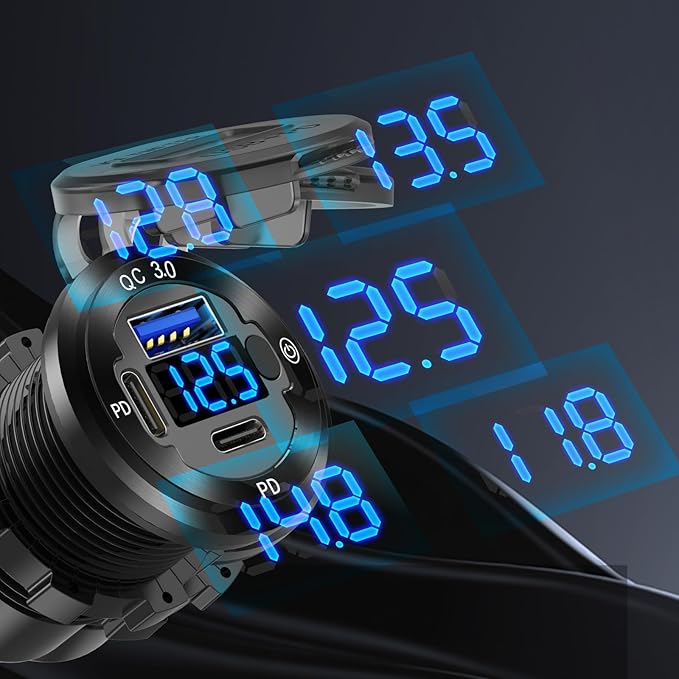 12V USB Car Socket Round USB C 12V Outlet, 3-Port Marine Fast Charger Waterproof Cigarette Outlet Replacement Aluminum with Switch & Voltmeter, Suitable for Boat Golf Cart RV Motorcycle Truck
