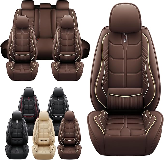 Leather Car Seat Covers Fit for Toyota Prius Prime 2017-2024, 5 Seater Car Seat Cover, Premium Waterproof, Scratch Resistant Car Interior Accessories (Full Set Coffee)