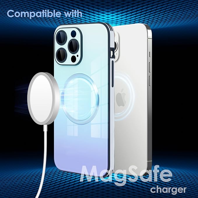 Guppy Compatible with iPhone 16 Pro Max Case Magnetic, with Full Camera Lens Protector [Compatible with MagSafe] Scratch Resistant Gradient Glass Back Cover Phone Case-Blue