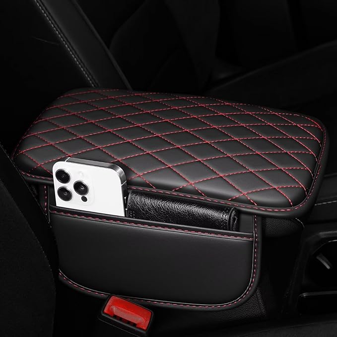 Upgraded Car Center Console Cover Fit for Corolla Faux Leather Car Armrest Cover Cushion with 2 Storage Bags,Car Armrest Storage Box Interior Accessories(Black&Redline)