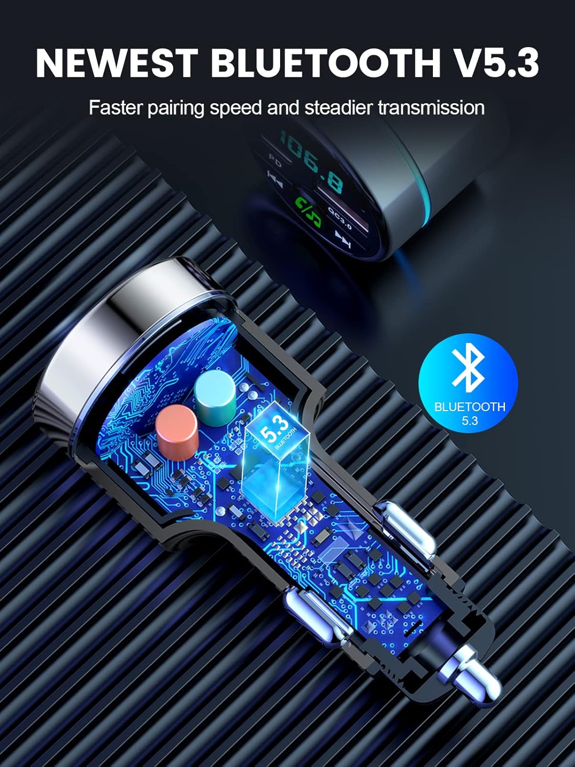 FM Transmitter for Car Bluetooth 5.3, All-Metal PD 20W & QC3.0 18W Fast Charger, Wireless FM Radio Car Kit Bluetooth Adapter, Noise Cancelling Hands-Free Call, Hi-Fi Music, Ring Light
