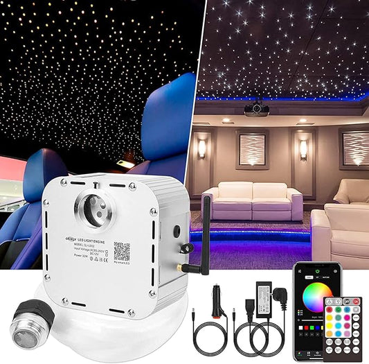 CHINLY 32w Twinkle 800pcs 0.03in 13.1ft Bluetooth RGBW LED Fiber Optic Star Ceiling Light,APP/Remote Music Mode Headliner Light Kit+Adapter+Cigarette Lighter+10 Crystals,for Headliner/Home Theater