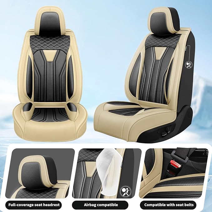 Fit Prius Car Seat Covers for Toyota Prius 2001-2025 2026 -Full Set Premium Leather, Waterproof, Breathable，All-Weather Seat Cushion Protecto & Airbag Compatible, 5-Seats Beige & Black