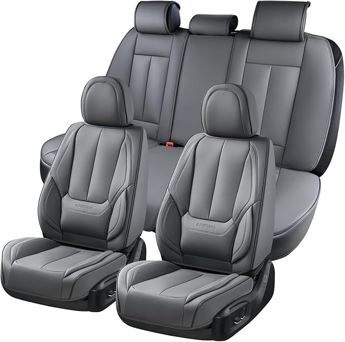 Coverado Car Seat Covers Full Set, Seat Covers for Cars, Gray Car Seat Protector Waterproof, Nappa Leather Car Seat Cushion, Car Seat Covers Front Seats and Back Fit for Most Cars