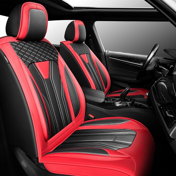 Fit Juke Car Seat Covers Compatible with Nissan Juke 2012-2015 2016 - Premium Leather， Waterproof Breathable， All-Weather Seat Cushion Protecto&Airbag Compatible (2 Front Seat Red&Black)