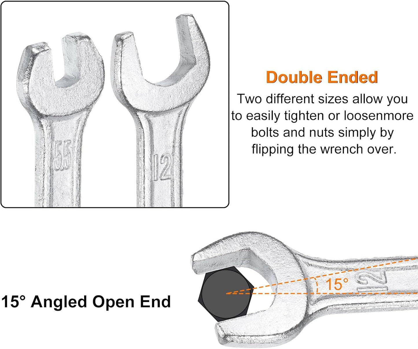 HARFINGTON Double Open End Wrench 10mm x 14mm Metric 15 Degree Offset Angle Small Flat Head Wrench Galvanizing Open Ended Spanner for Automotive Repair Furniture Assembly