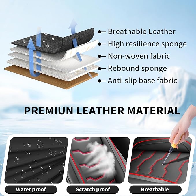 Fit Juke Car Seat Covers Compatible with Nissan Juke 2012-2015 2016 - Full Set Premium Leather， Waterproof Breathable， All-Weather Seat Cushion Protecto&Airbag Compatible（Red Line Black