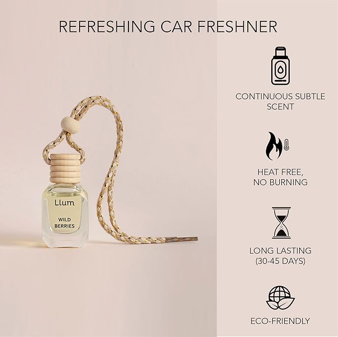 Llum Wild Berries Hanging Car Air Freshener – Luxury Automotive Perfume Diffuser 10ml (0.34 fl oz), Long-Lasting Fragrance, Alcohol-Free Non-Toxic Scent, Glass Bottle With Wood Cap & AC Vent Clip