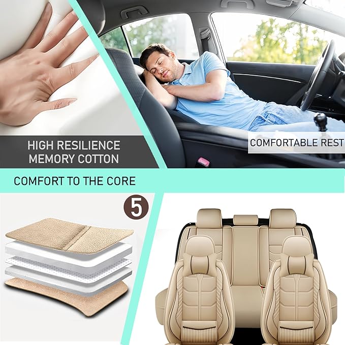 Leather Car Seat Covers Fit for Toyota Prius 2004-2024, 5 Seater Car Seat Cover, Premium Waterproof, Scratch Resistant Car Interior Accessories (Full Set with Pillow Beige)