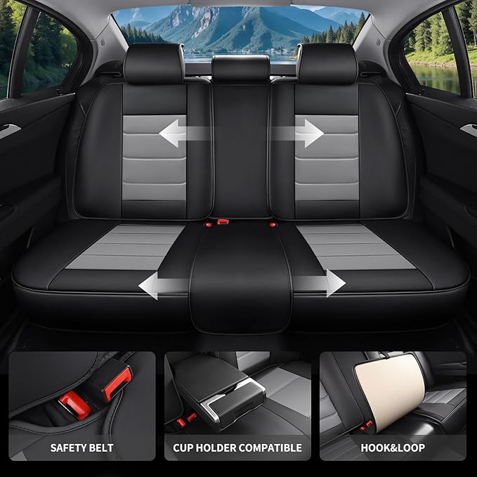 Car Seat Covers Full Set Custom Fit for Chevrolet/Chevy Malibu 2000-2025 2026 - Premium Faux Leather with Lumbar Support, Breathable, Waterproof, Anti-Slip, Easy to Install (Black&Gray, Full Set)