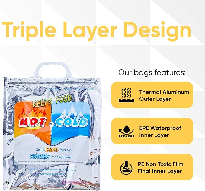 Superio Hot and Cold Insulated Bags for Food Delivery, Grocery Shopping Bags, Food Storage for Hot and Frozen Food for Travel, Disposable Cooler Bag, Reinforced Thermal Lunch Bag (3, 13.5"x17.5")
