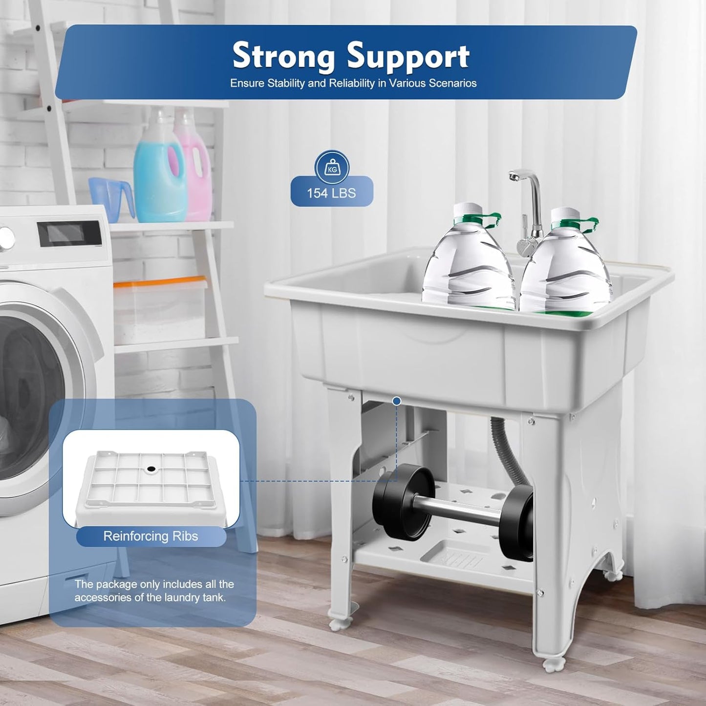 Freestanding Utility Sink Plastic Laundry Tub Spacious Sink with Storage Shelf Indoor Outdoor Wash Station for Bathroom Washing Room (Gray, 31.5*22.05*31.5in)
