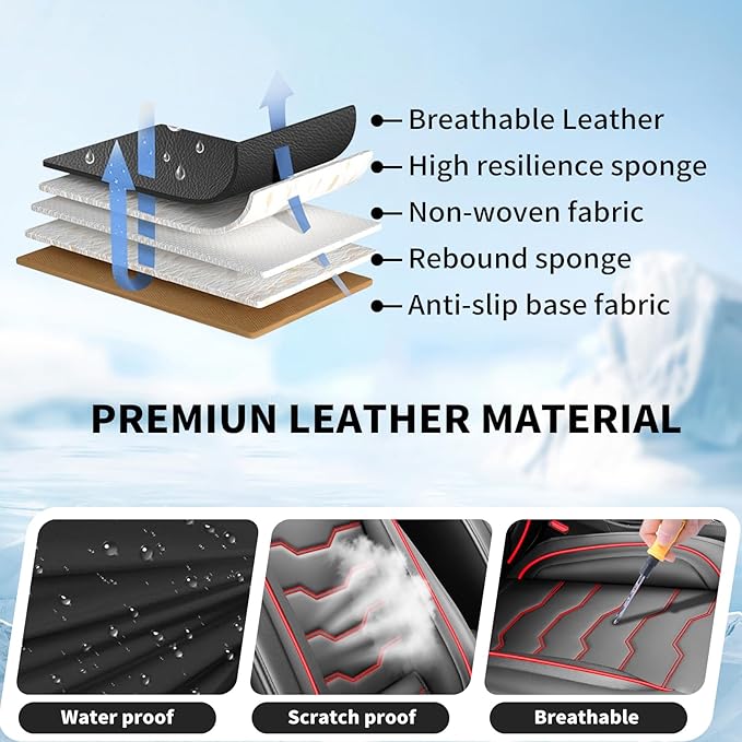 Fit Sonata Car Seat Covers Premium Leather for Hyundai Sonata 2007-2025 2026. Waterproof， Breathable, Scratch-Resistant & All-Weather Seat Cushion Protector（Full Set,Red Line Black