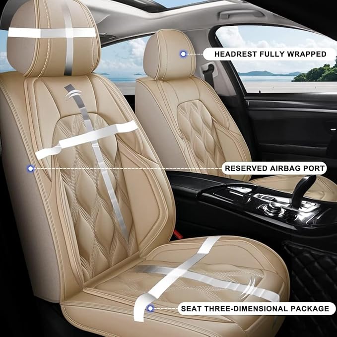 AOMSAZTO 2 Front Seats Custom Fit for Toyota Tundra 2008-2025,Leather Carseat Automotive Cushion Covers Seat Protector,Airbag Compatible Waterproof Car Seat Covers(2 Seats,Beige)