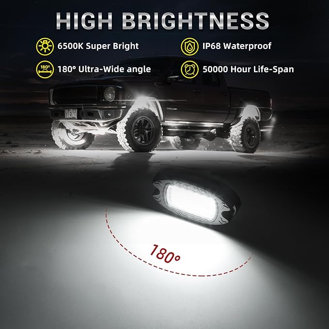 8 Pods Alloy Pure White LED Rock Lights for Truck Offroad ATV UTV RZR SUV Boat, Metal 6500K 24 LEDs White Neon Underglow Light with Switch Extension Harness, Under Trail Rig Fender Lighting