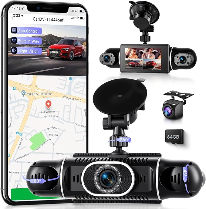 360° Dash Cam Front/Rear/Inside/Side 4-Channel Dash Camera FHD 2K+1080P×3 Car Dash Cam with WiFi, APP Control, 64GB SD Card Included, 8 IR Night Vision, G-Sensor, 24/7 Parking Mode