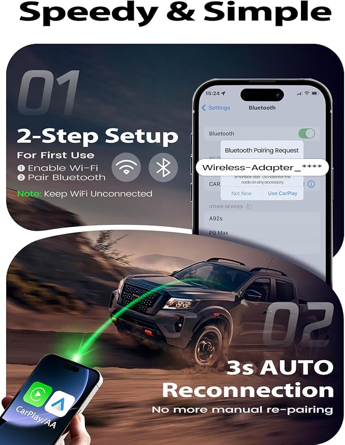 Wireless CarPlay Adapter, One-Click User Switch, Plug & Play, Converts Wired to Wireless Car Play Dongle, Fast & Stable for Cars 2016+ with Built-in Wired CarPlay & Android Auto Orange