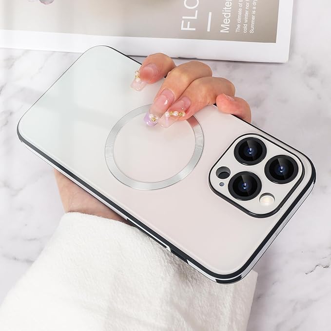 Guppy Compatible with iPhone 15 Pro Case Magnetic, with Full Camera Lens Protector [Compatible with MagSafe] Scratch Resistant Gradient Glass Back Cover Phone Case-White