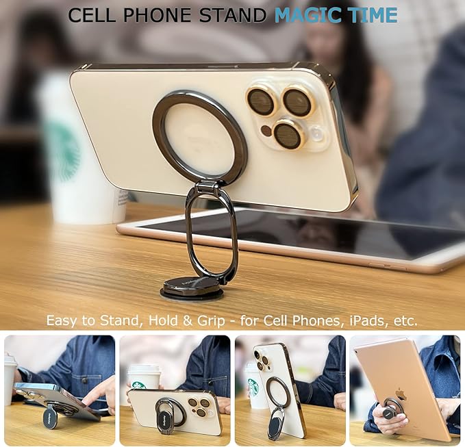 Doflyesky Magnetic Phone Grip Holder Kickstand, Gym Double Adjustable Finger Ring Grip and Stand, Compatible with PopSockets MagSafe Ring Removable for iPhone (Silver)