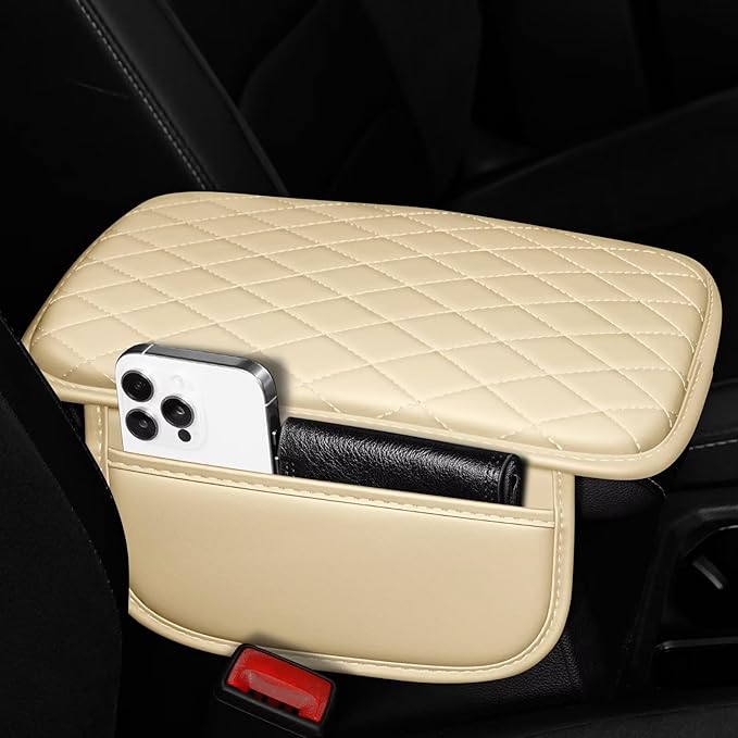 Upgraded Car Center Console Cover Fit for Tacoma Faux Leather Car Armrest Cover Cushion with 2 Storage Bags,Car Armrest Storage Box Interior Accessories(Beige&Whiteline)