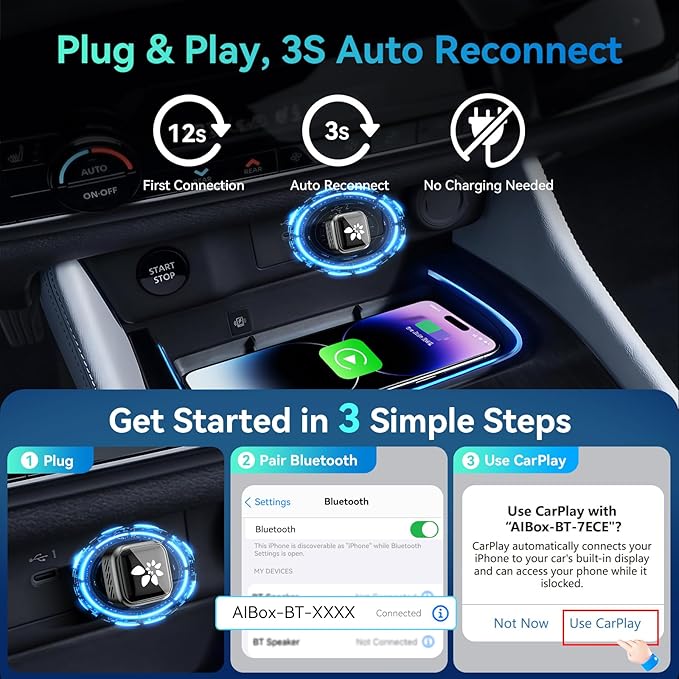 2-in-1 Mini CarPlay Adapter for iPhone & Android, Auto Stable Connection with Zero Latency with USB-A/USB-C Ports