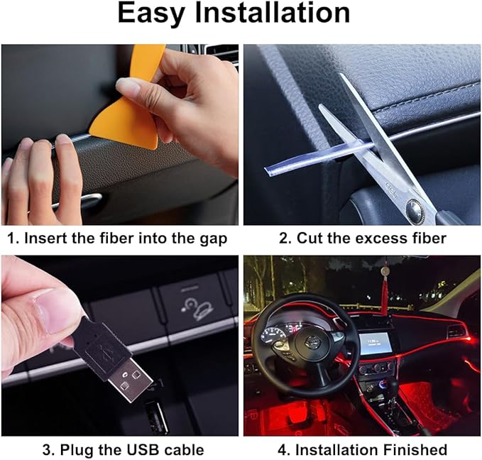 EL Wire Interior Car LED Strip Lights, USB Neon Glowing Strobing Electroluminescent Wire Lights with 6mm Sewing Edge, Ambient Lighting Kits for Cars Garden Decorations (5M/16.5FT, Red)