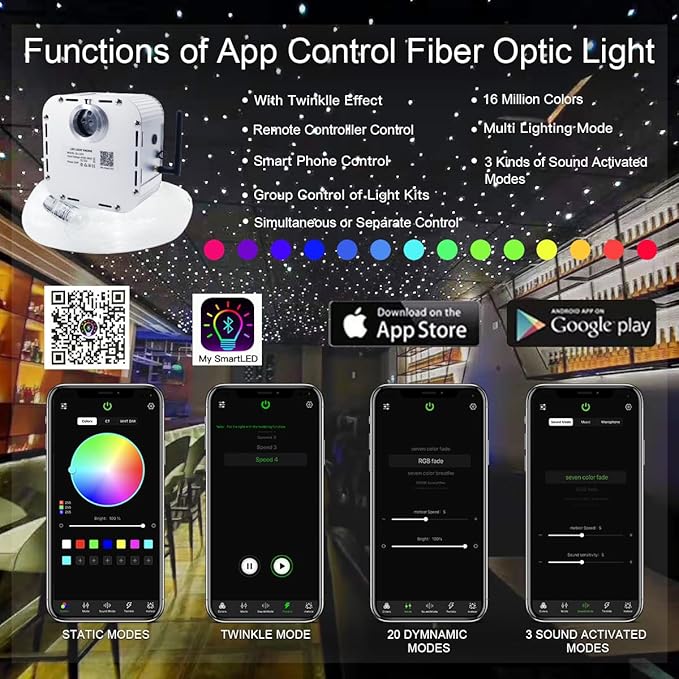 AKEPO Car Home Use 32W RGBW Twinkle+ Sound Activated+ APP Fiber Optic Lights Kit Star Ceiling Sky Light with Total 800pcs in 13.1ft/4m + 9.8ft/3m Long Optical Fiber Cable for Indoor or Interior Decor